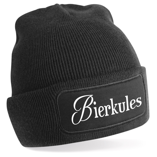 Schwarze One Size Beanie, Mütze bedruckt mit Spruch nach Wahl: Trinkerbell, Glühweinchen, Bierkules, Gönndalf